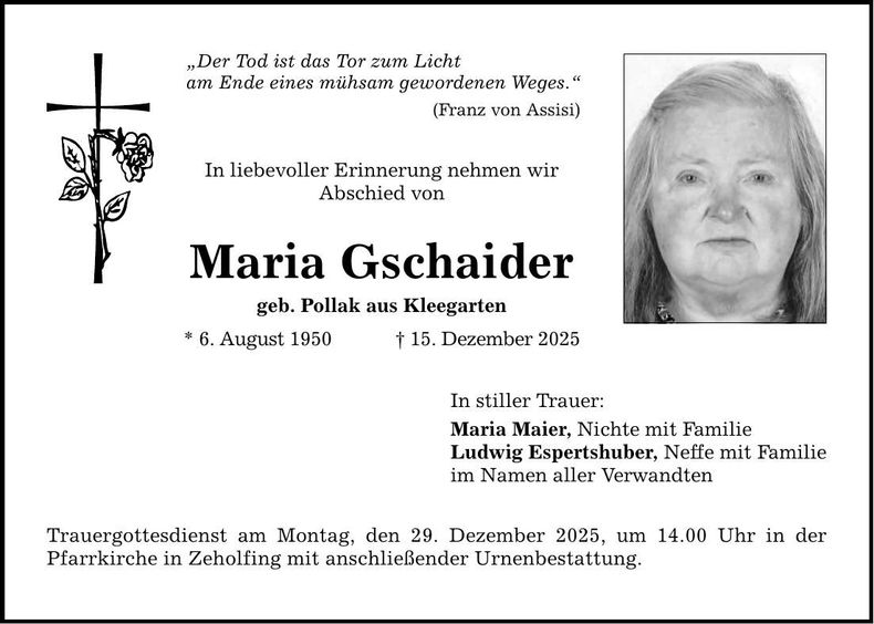 Traueranzeige Maria Gschaider