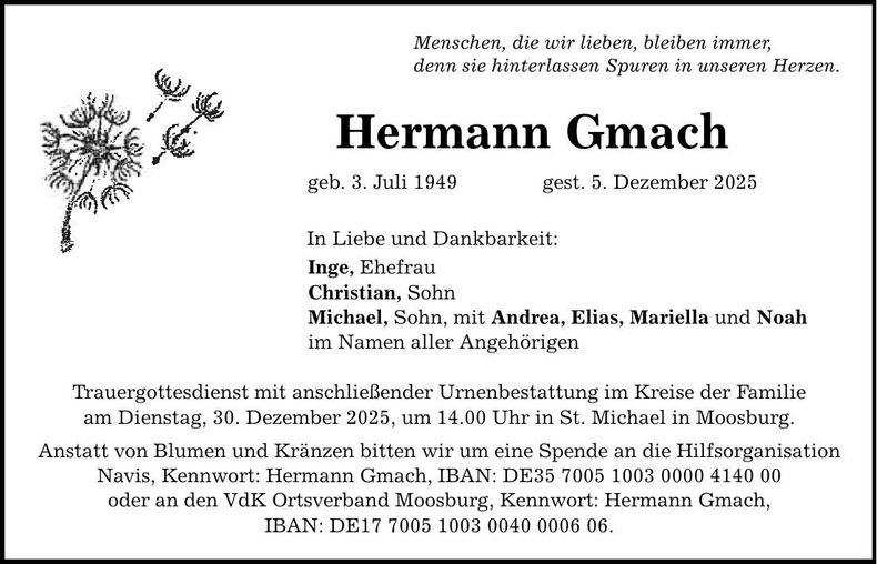 Traueranzeige Hermann Gmach
