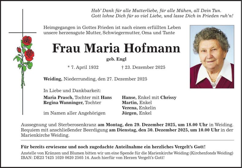 Traueranzeige Maria Hofmann