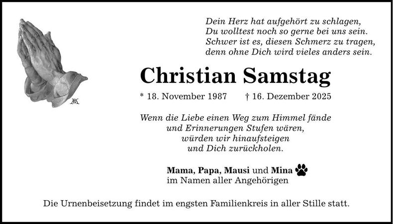 Traueranzeige Christian Samstag