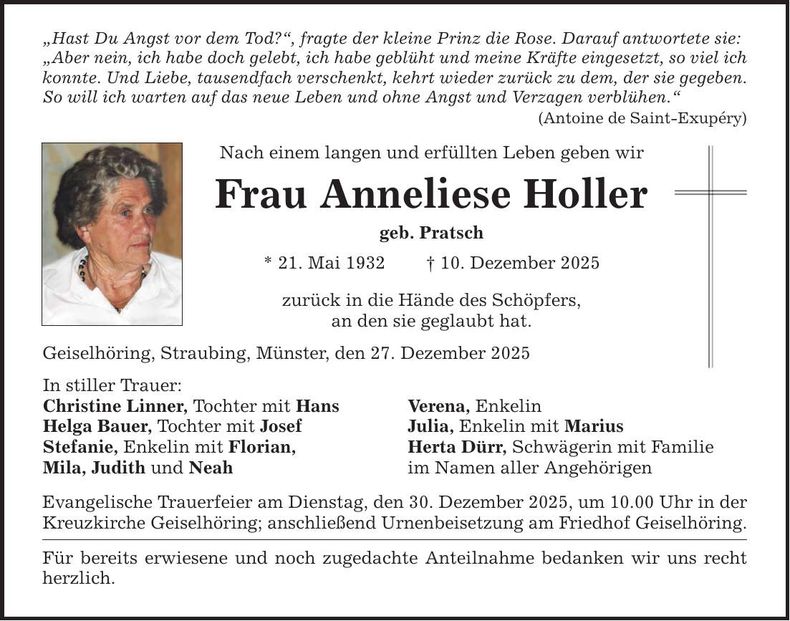 Traueranzeige Anneliese Holler