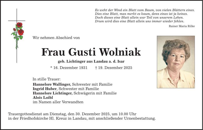 Traueranzeige Gusti Wolniak