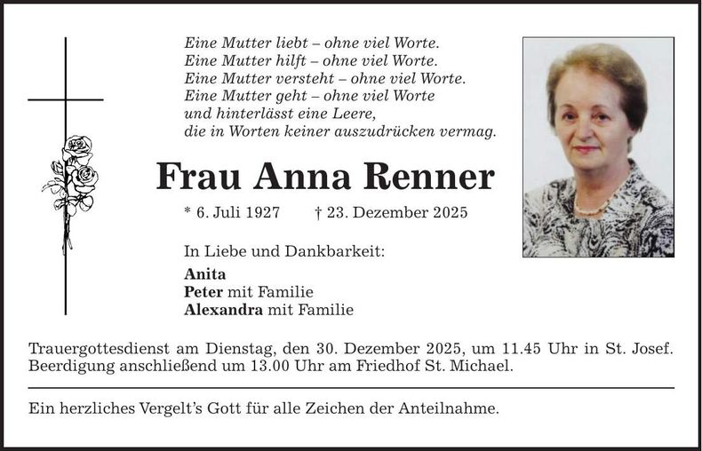 Traueranzeige Anna Renner