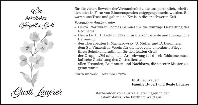 Traueranzeige Gusti Lauerer