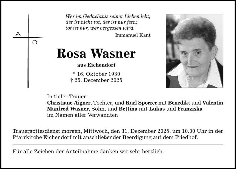 Traueranzeige Rosa Wasner