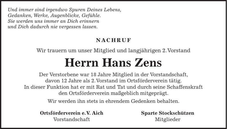 Traueranzeige Hans Zens