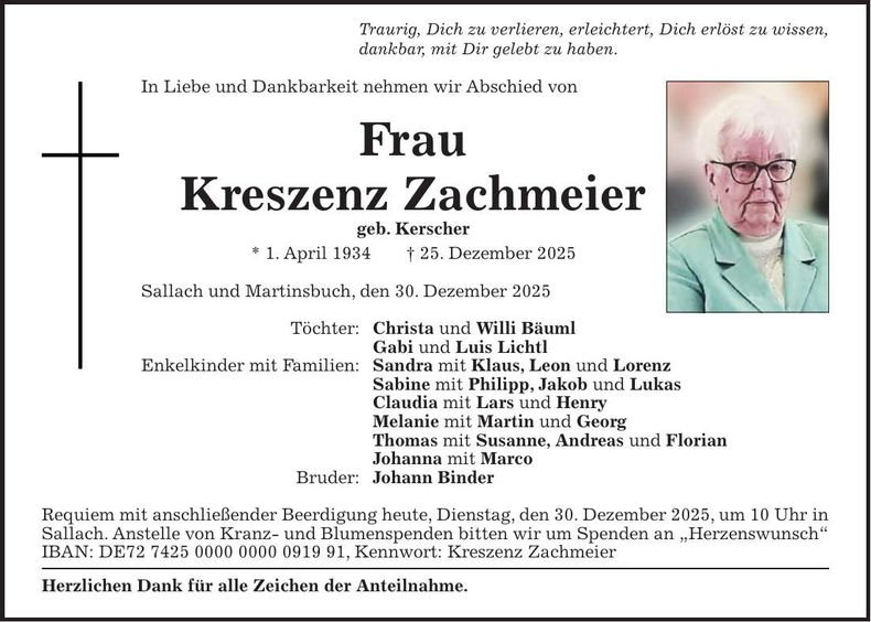 Traueranzeige Kreszenz Zachmeier