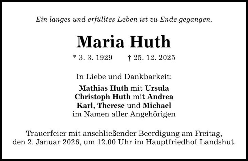 Traueranzeige Maria Huth