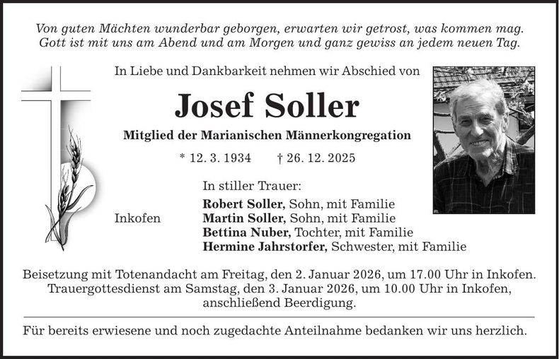 Traueranzeige Josef Soller
