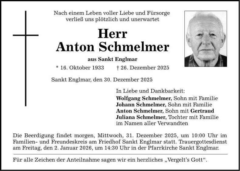 Traueranzeige Anton Schmelmer