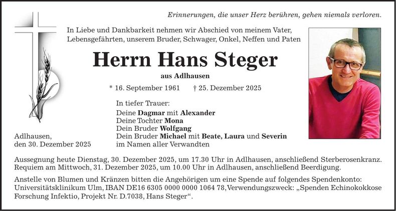 Traueranzeige Hans Steger