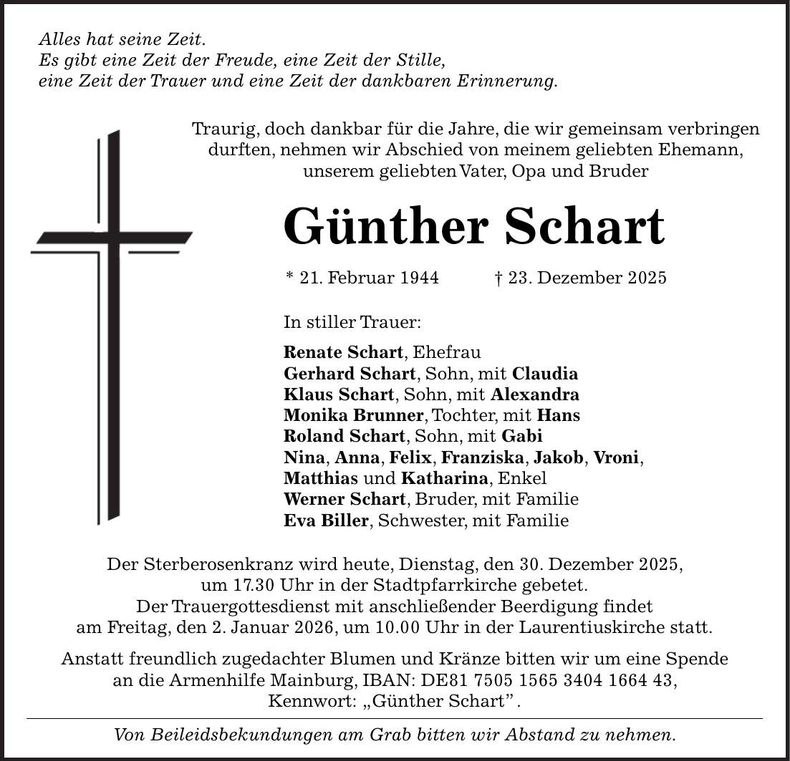 Traueranzeige Günther Schart