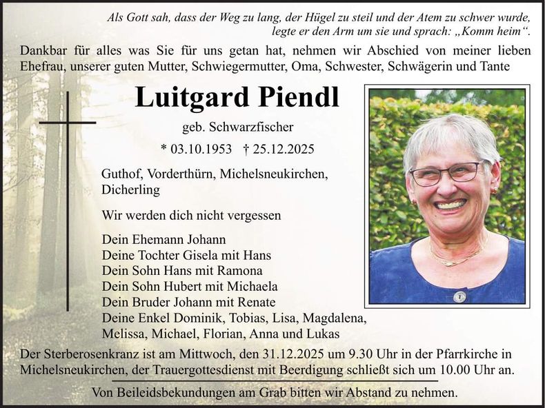 Traueranzeige Luitgard Piendl