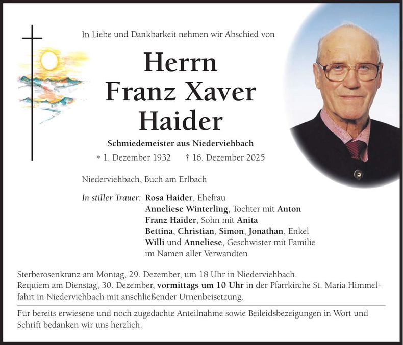 Traueranzeige Franz Xaver Haider
