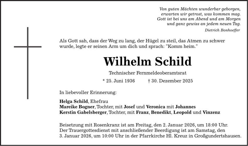 Traueranzeige Wilhelm Schild