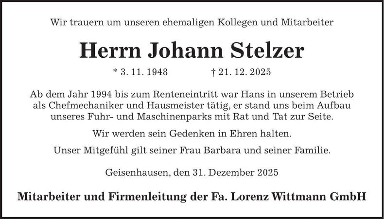 Traueranzeige Johann Stelzer