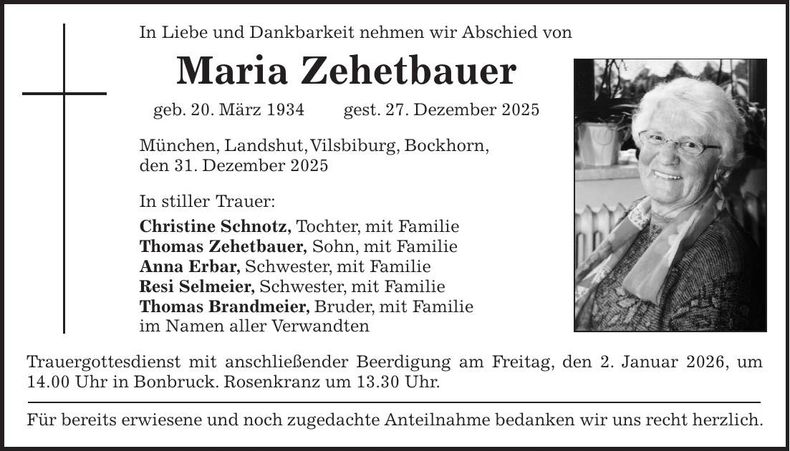 Traueranzeige Maria Zehetbauer