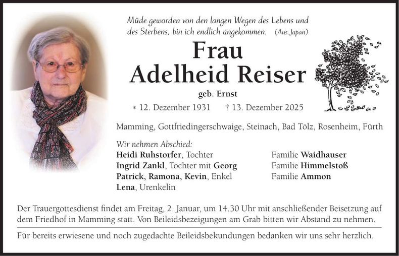 Traueranzeige Adelheid Reiser