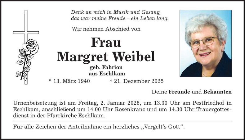 Traueranzeige Margret Weibel