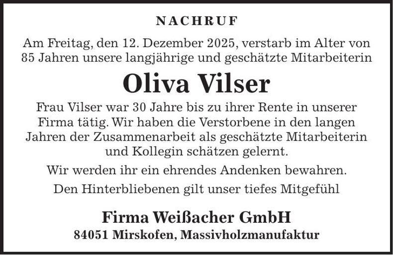 Traueranzeige Olivia Vilser