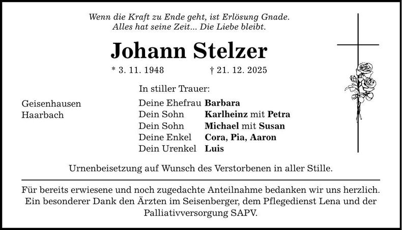 Traueranzeige Johann Stelzer
