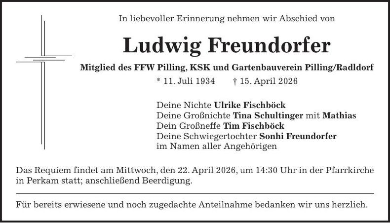 Traueranzeige Ludwig Freundorfer