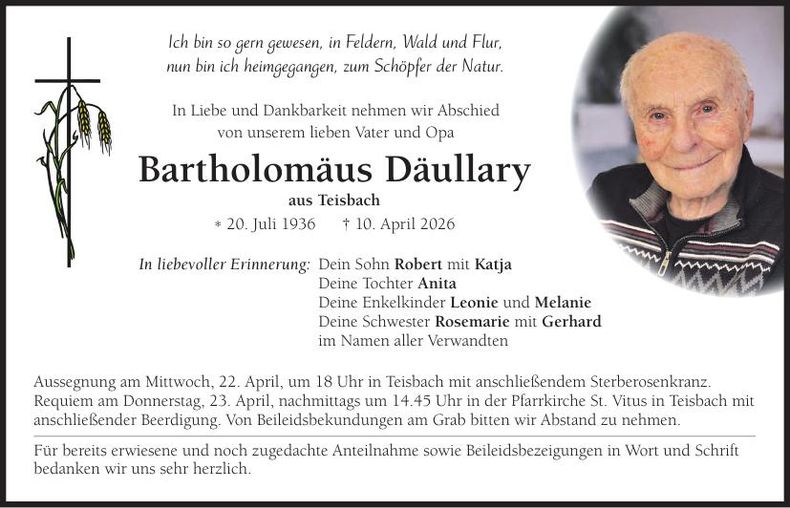 Traueranzeige Bartholomäus Däullary