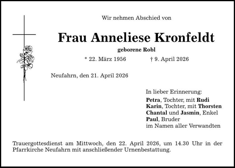 Traueranzeige Anneliese Kronfeldt