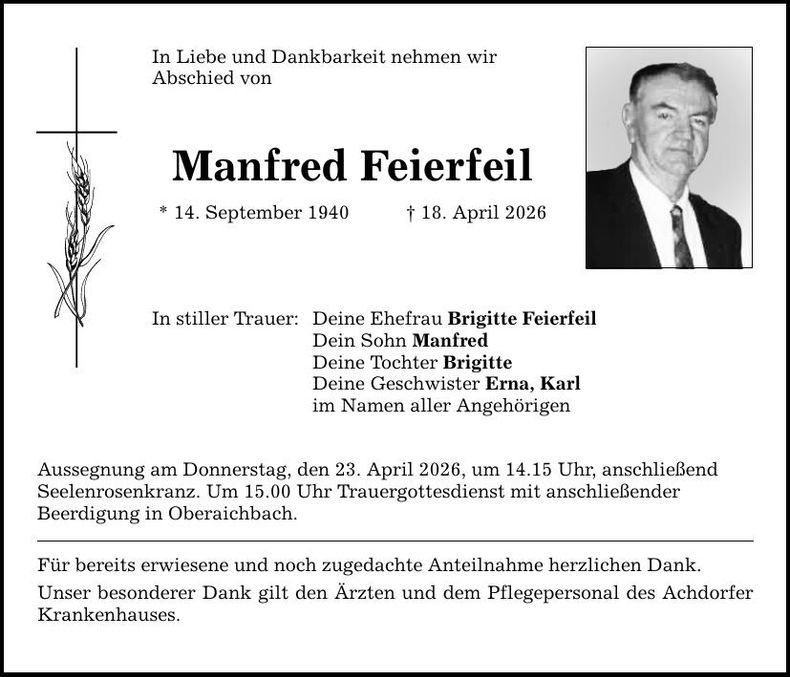 Traueranzeige Manfred Feierfeil