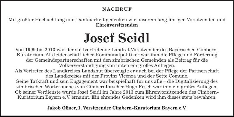 Traueranzeige Josef Seidl