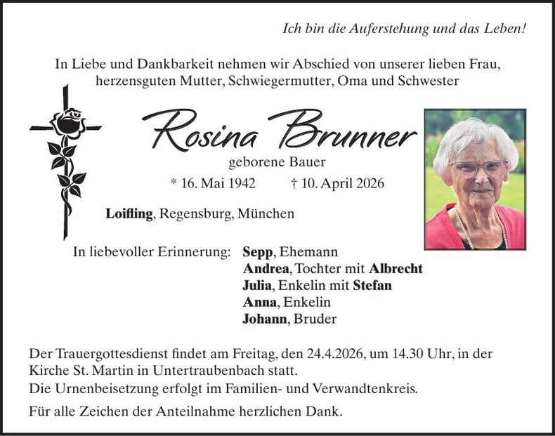 Traueranzeige Rosina Brunner