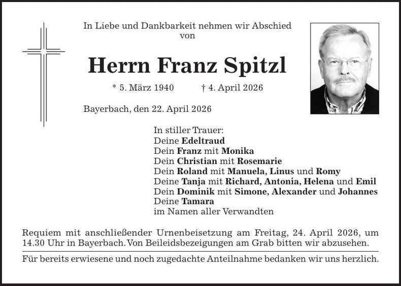 Traueranzeige Franz Spitzl