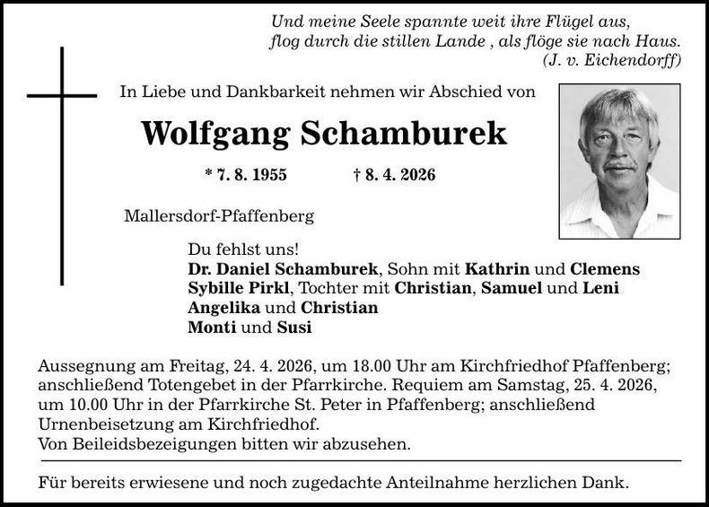 Traueranzeige Wolfgang Schamburek