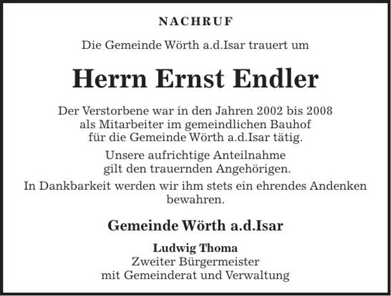 Traueranzeige Ernst Endler