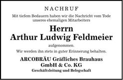 Traueranzeige Arthur Ludwig Feldmeier
