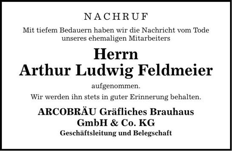 Traueranzeige Arthur Ludwig Feldmeier