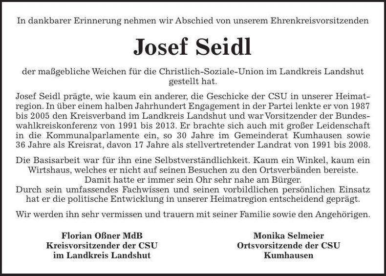 Traueranzeige Josef Seidl