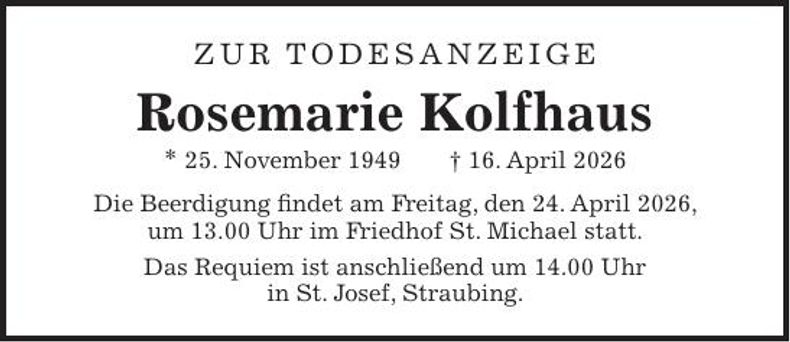 Traueranzeige Rosemarie Kolfhaus
