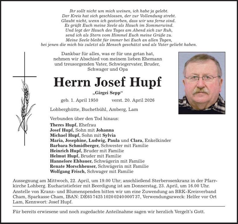 Traueranzeige Josef Hupf