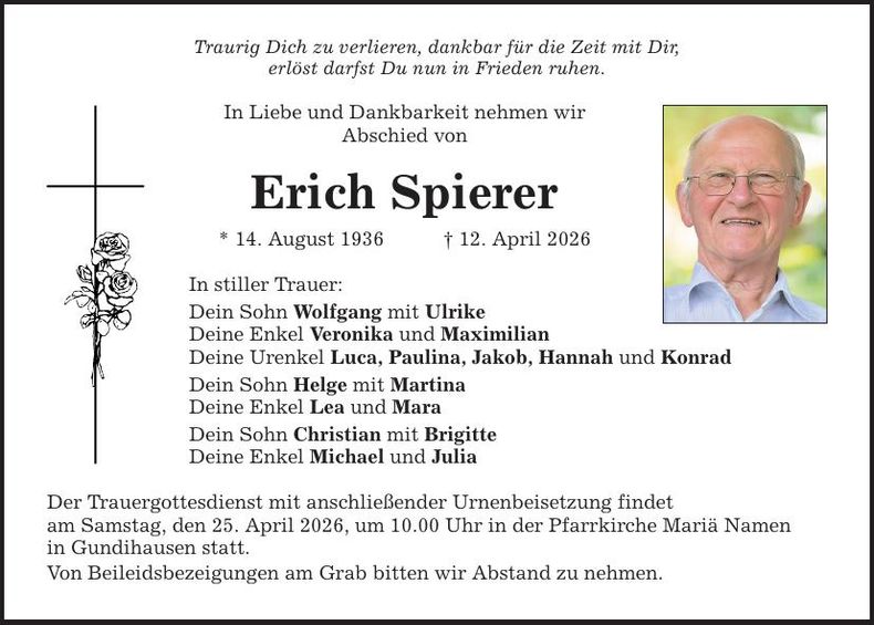 Traueranzeige Erich Spierer
