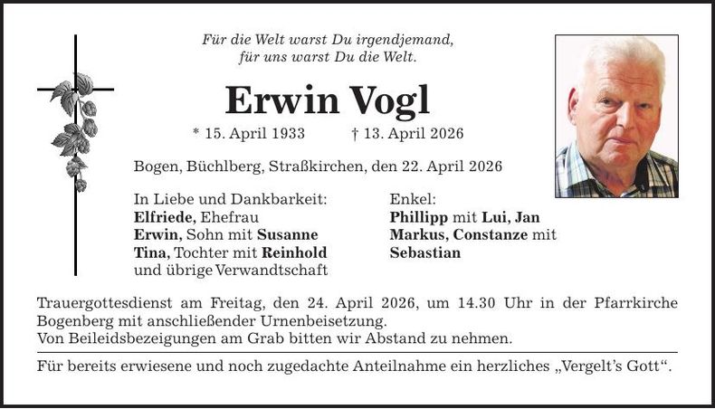 Traueranzeige Erwin Vogl