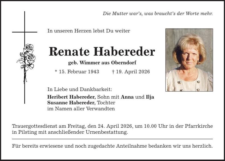 Traueranzeige Renate Habereder