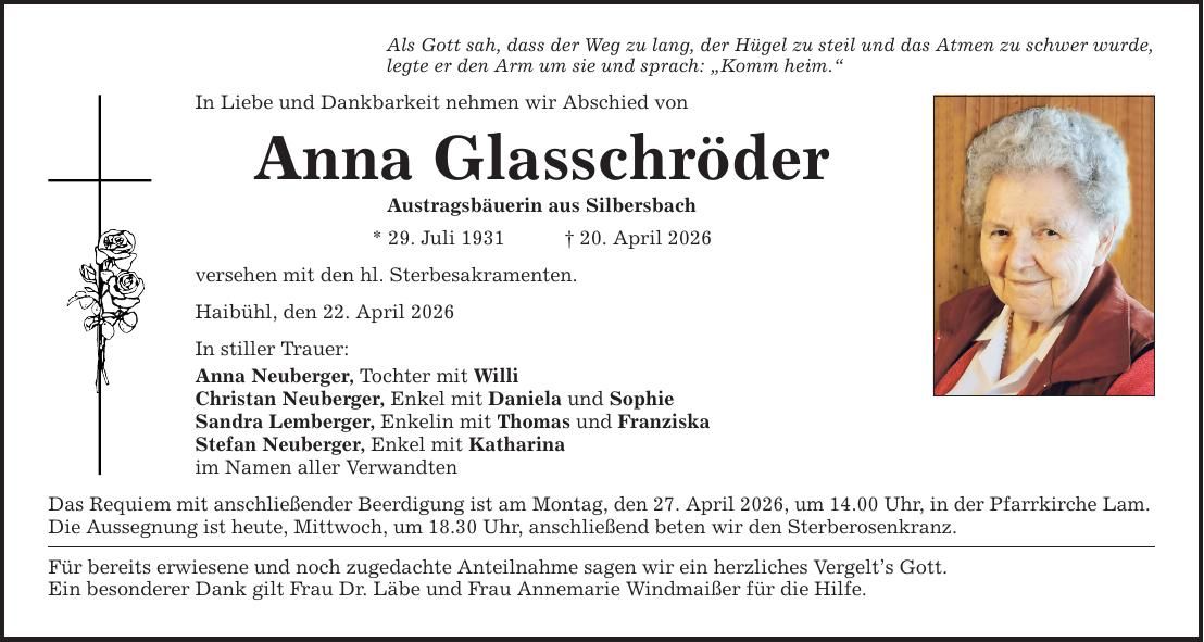 Traueranzeige Anna Glasschröder