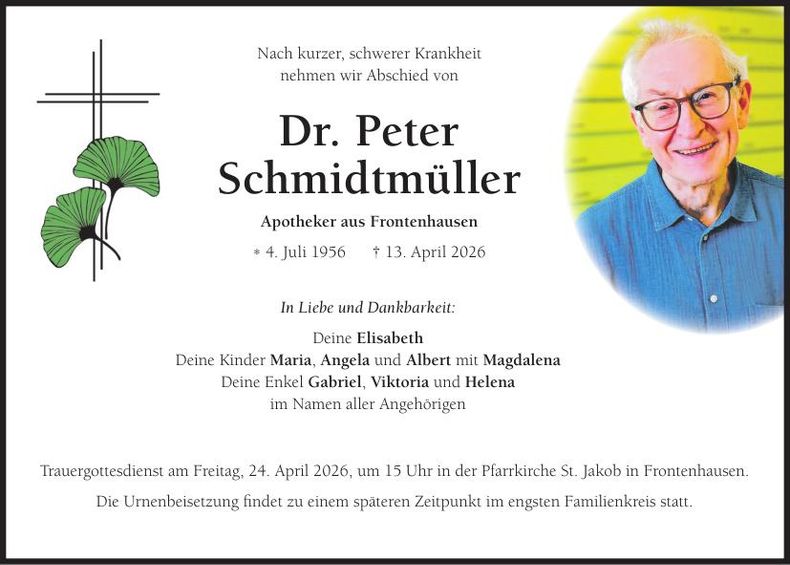 Traueranzeige Peter Dr Schmidtmüller