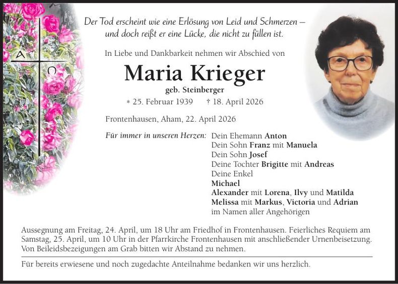 Traueranzeige Maria Krieger