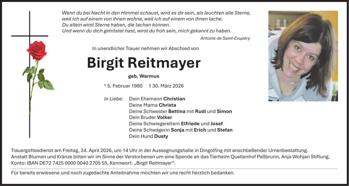 Traueranzeige Birgit Reitmayer