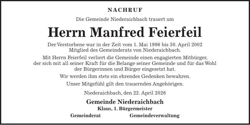 Traueranzeige Manfred Feierfeil