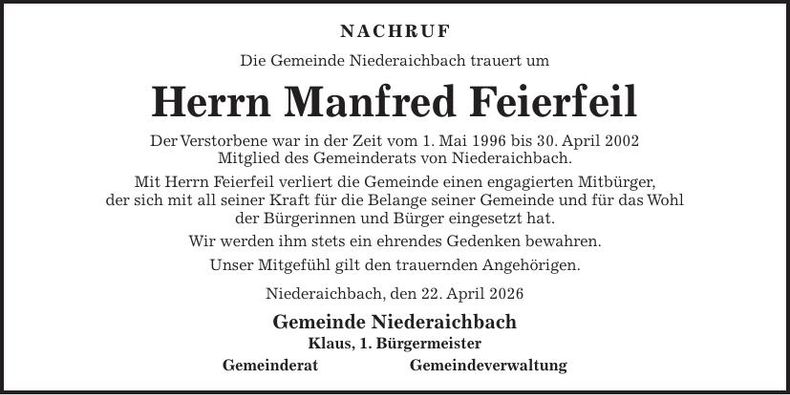 Traueranzeige Manfred Feierfeil