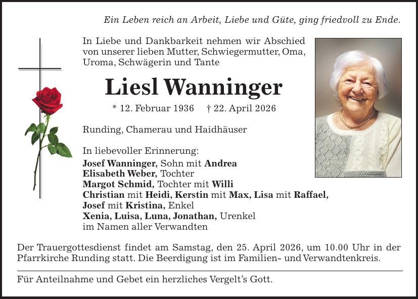 Traueranzeige Liesl Wanninger
