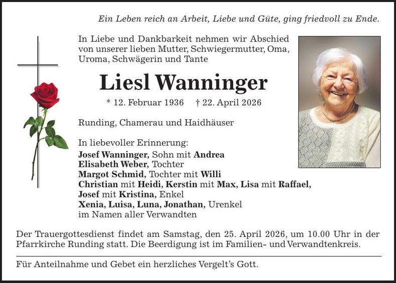 Traueranzeige Liesl Wanninger